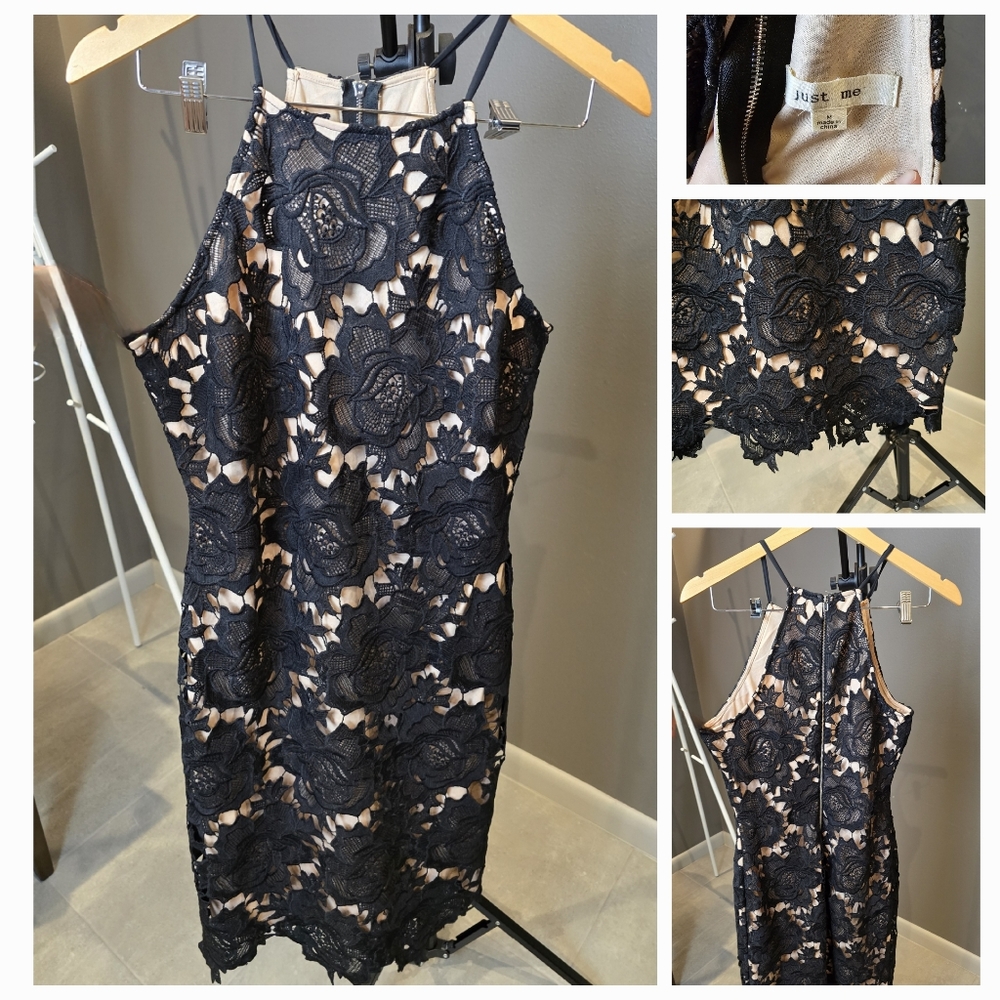 Just Me Dress Bodycon style Lace Overlay High Neck Cocktail